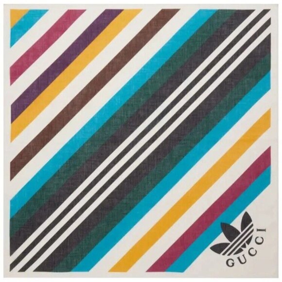 NEW Gucci X Adidas IVORY MULTICOLOR COTTON SCARF 26” x 26” Made in Italy - Picture 1 of 6